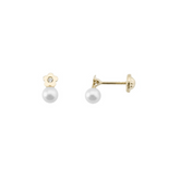 Pendientes Oro Amarillo Perla Cultivada con Flor Circonita